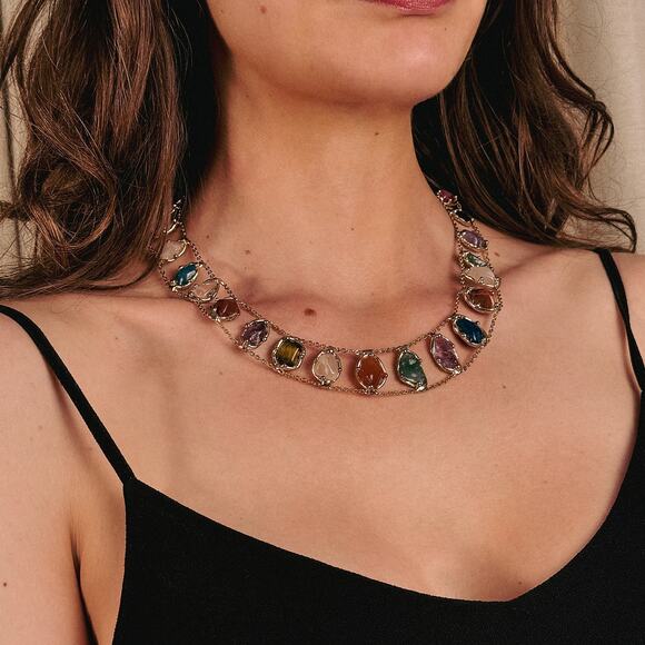 Handmade Jewelry - Teotihuacán Gemstone Collar, Gold-Plated Mexican Statement Necklace